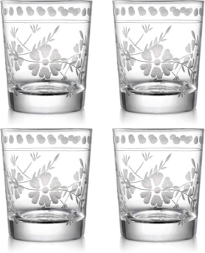 Joeyan Hand Blown Etched Drinking Glasses,Clear Water Glass Cups with Floral Pattern,Aesthetic Tumblers Glassware Set for Beverages Juice Cocktail Whiskey,9 oz,Set of 4,Dishwasher Safe