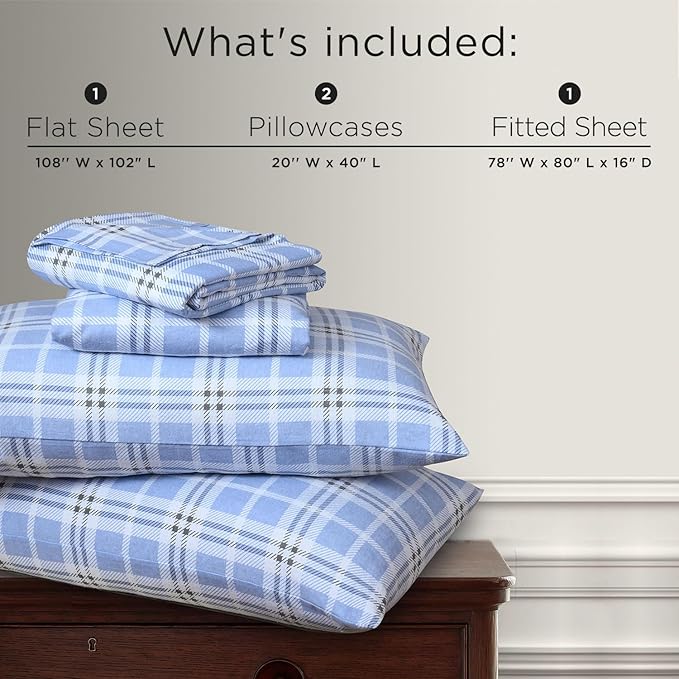 Briarwood Home® Printed Flannel Sheet Set, 100% Natural Cotton, Soft, Warm & Deep Pocket, Advanced Nano-Tech Making it Resistance to Pilling; Brushed 6 Times for Softness (Blue Plaid, King)