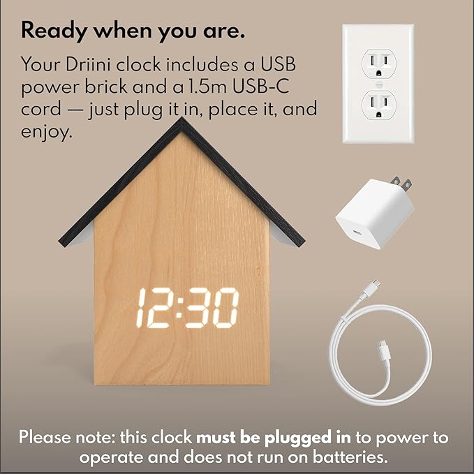 Driini Digital House-Shaped Alarm Clock with Temperature Display (Light Wood) – Modern Aesthetic - Cute Cube Frame and White LED Dimmer - Perfect Large Desk Clock for Bedside Table or Bedroom Mantle