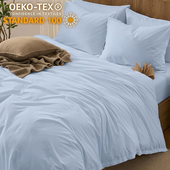 Duvet Cover Set Twin Size, 100% Washed Cotton, Light Weight Breathable Comforter Cover Linen Feel, 2PCs Breathable Bedding Set for All Season, Blue 68"x90"