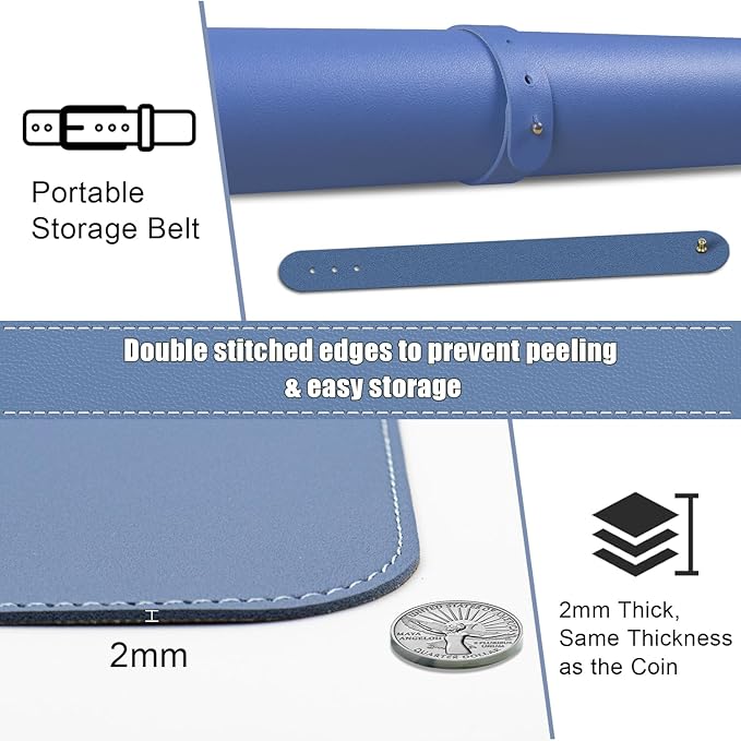BLESWIN Large Desk Pad, 47.2'' x 23.6'', Office Desk Mat, Computer Mat for Desk, Leather Desk Pad Protector, Sewing Desk Blotter, Desktop Writing Pad for Office/Home/Decor Lake Blue