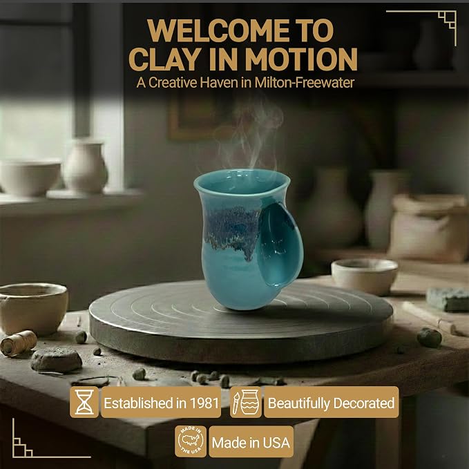 Clay in Motion Hand Warmer Coffee Mug – Handmade Coffee Mug With Comfortable Handle Contoured Pocket Hand Warming Ceramic Coffee Mug – Proudly Made in USA – Right Handed – 14 Oz - Raging Rapid