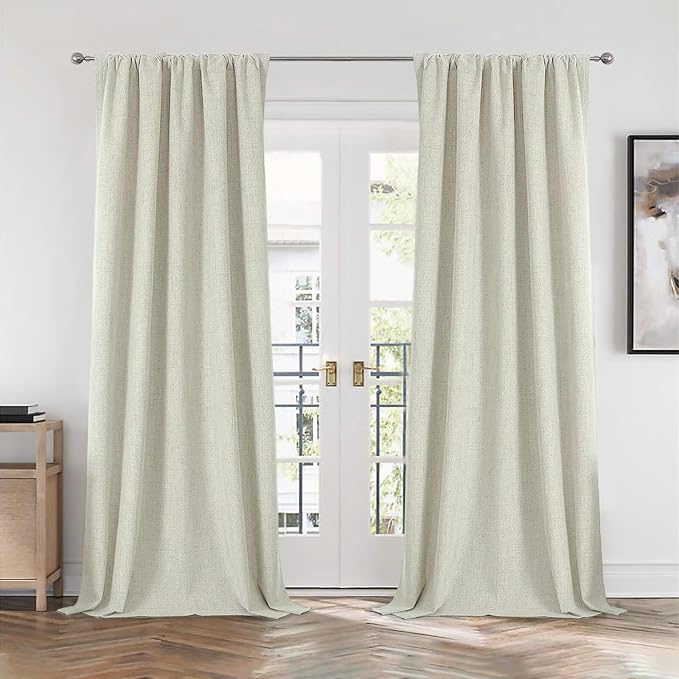 CUCRAF Linen 100% Blackout Curtains 84 Inch Length 2 Panels Set, Back Tab and Rod Pocket Curtain for Living Room Bedroom, Room Darkening Window Drapes Thermal Insulated, (52x84 inch, Light Beige)