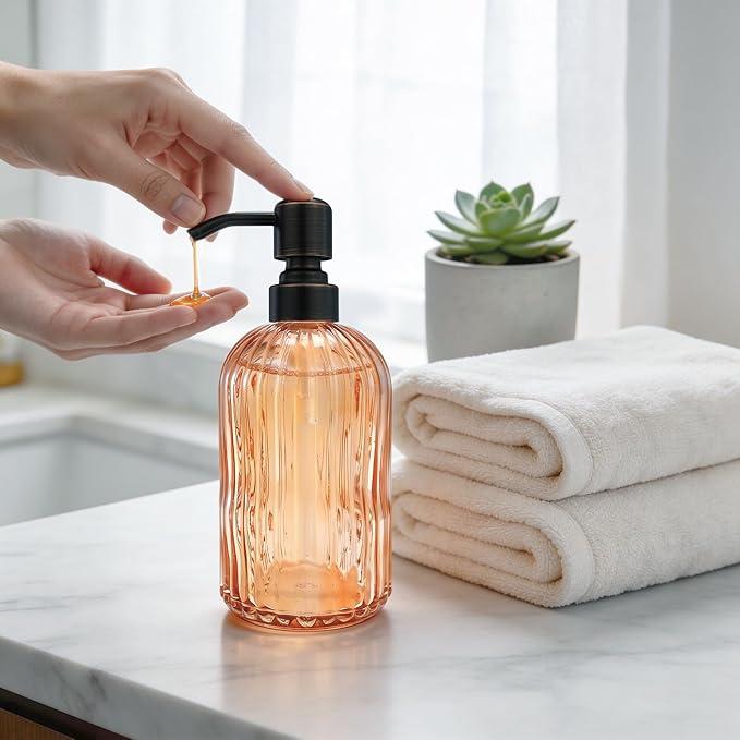 16 OZ Orange Glass Soap Dispenser,Clear Orange Stripe Bathroom Hand Soap Dispensers with Stainless Steel Bronze Pump, Kitchen Hand Soap Dispenser with Oil Rubbed Bronze Pump