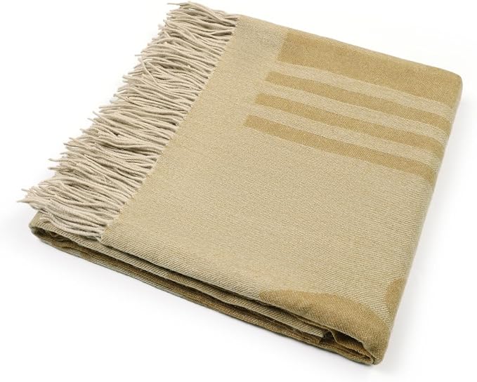Pure Wool Jacquard Throw Blanket with Tassels, Large 55x83 inches, 1.5 lbs,Soft & Warm Lambswool Knee Throw Blanket for Couch Bed Outdoor Travel, Yellow Wool Throw