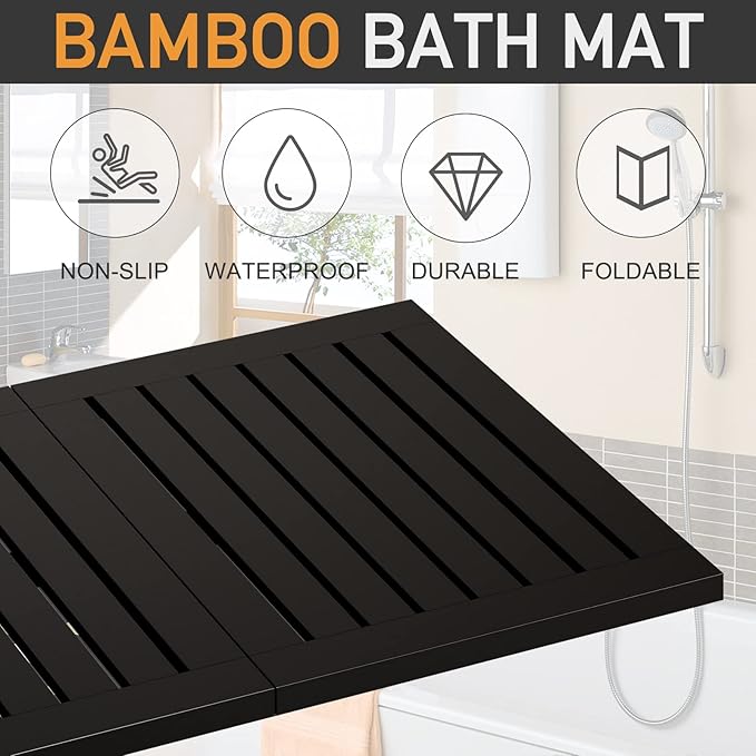 Waterproof Black Bamboo Bath Mat for Shower, Foldable | Non-Slip | Heavy Duty, Wooden Bath Mat, Floor Mat and Doormat for Indoor Outdoor