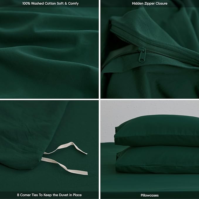 MooMee King Duvet Cover Set, 100% Washed Cotton Linen Like Twill Thick Sturdy Material Super Soft Breathable Durable Bedding for All Season, 3 Pieces (Forest Green, King 104"x90")