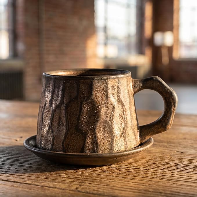 Vintage Faceted Speckled Ceramic Coffee Mug with Saucer, Rustic Stoneware Cup for Tea Latte (YF-CS05)