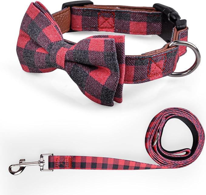 IVY&LANE Dog Collar with Bowtie and Leash Set | Plaid Adjustable Dog Collar | Detachable Bow Tie |5 FT Dog Leash | for Small Medium Large Dogs | Checkered Red | X-Small