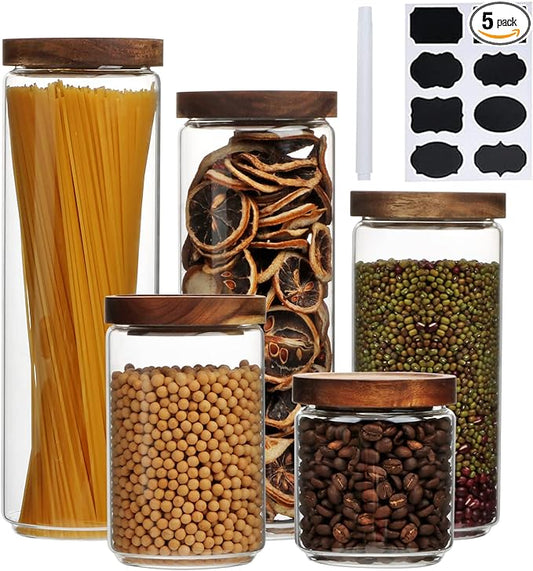 Flrolove Glass Canisters With Wooden Lids Kitchen Jars for Storage,Tea,Sugar and Coffee Container Set,Set of 5 Canisters for Candy, Cookie, Rice and Spice Jars