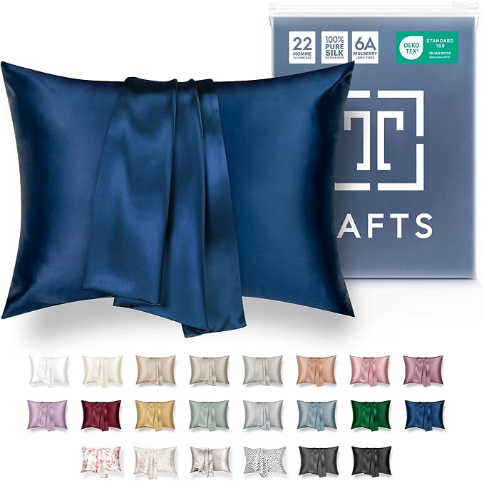 Tafts Pillow Cases - 22mm 100% Pure Mulberry 6A Silk Pillowcase for Hair & Skin with Zipper Closure, Cooling, Natural, Organic, Double Sided Silk Pillow Case (Navy Blue, King 20x36, 1pc)