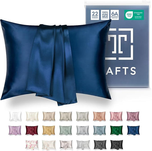TAFTS 22mm 100% Pure Mulberry 6A Silk Pillowcase for Hair & Skin with Envelope Closure, No Zipper, Cooling, Natural, Organic, Double Sided Pillow Case (Navy, King 20"x36", 22 Momme 1pc)