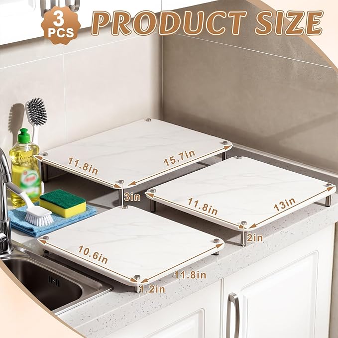 3 Pcs Nesting Stone Drying Mat for Kitchen Counter, Diatomaceous Dish Stone Drying Mats Quick for Kitchen Counter, Non Slip Feet, Heat Resistant, Nesting Stackable Design(Marble,White)