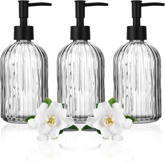 3 Pack Glass Soap Dispenser with Rust Proof Pump, 14 Oz Refillable Liquid Soap Dispenser for Bathroom & Kitchen (Grey)