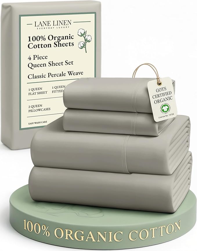 LANE LINEN 100% Organic Cotton Mercerized Queen Sheets, Soft & Comfy Naturally Cooling Cotton Sheets Queen Size Set, Classic Percale Weave Low Pill Fade Resistant Queen Bed Sheets- Silver