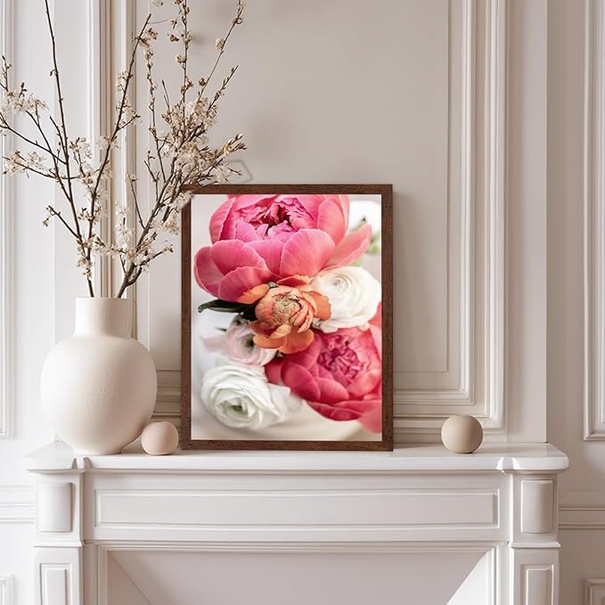 Monem Art Pink Peony Floral Macro Photography Print - Romantic Flower Art Poster - Wall Decor for Living Room, Bedroom or Office - 8x10 Brown Framed Wall Art by Mareike Bohmer