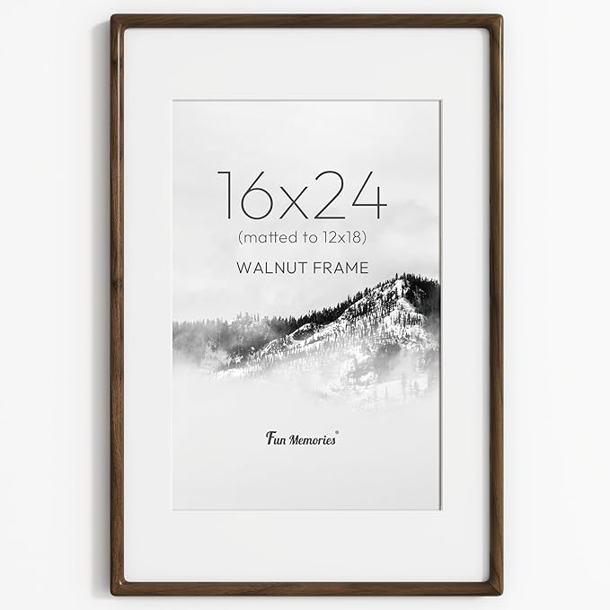 16x24 Poster Frame, USA-Sourced Walnut Wood Frame Wall Mounted, 16x24 Picture Frame with Real Glass, 16 x 24 Picture Frame Matted to 12x18 Photo for for Vertical & Horizontal Hanging, 1 Pack
