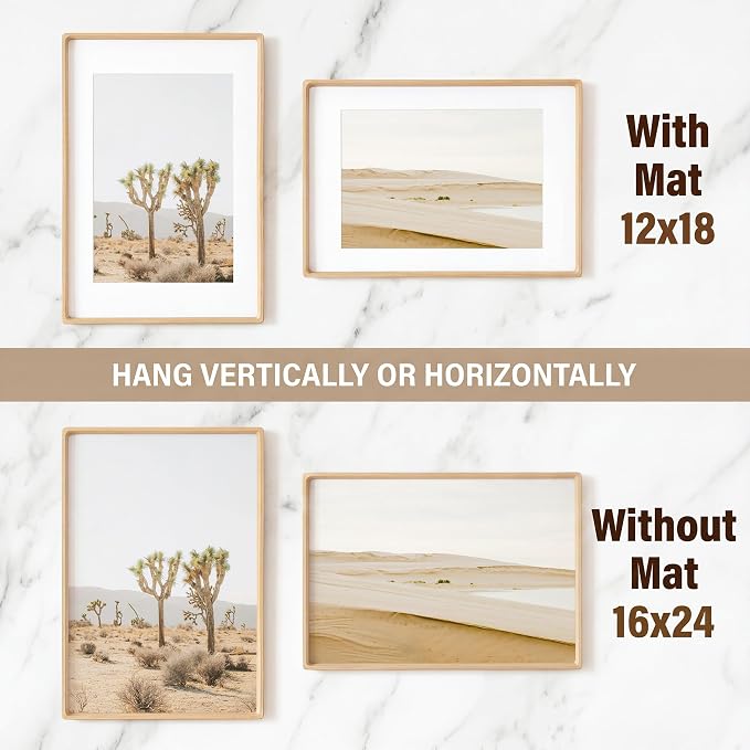 16x24 Poster Frame, USA-Sourced Beech Wood Picture Frame with HD Tempered Glass, Handcrafted Rounded Corner 16 x 24 Wooden Frame Matted to 12x18 Photos, Horizontal or Vertical Wall Display