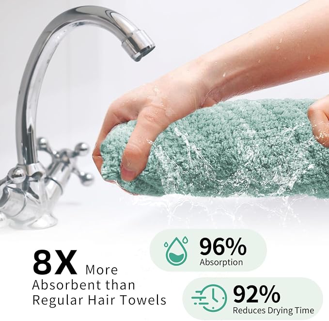 my novel things 2 Pack Extra Large Microfiber Hair Towel Wrap, 37.4" x 26.4" for Women, Super Absorbent & Quick Dry Hair Towel with Elastic Strap for Curly Hair Green Gift for Women Men Girls Friends