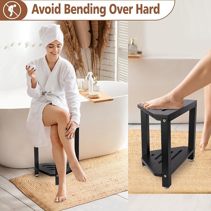 IBosins Corner Shower Stool with Storage Shelf Shower Foot Rest for Shaving Legs Small Bench for Inside Shower to Sit on Bath Seat - Acacia Wood, Black,16in