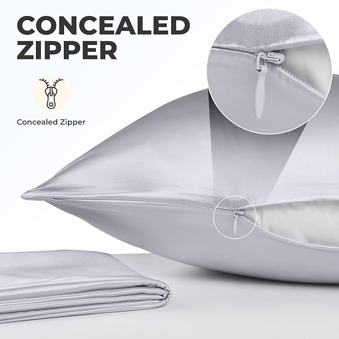 100% Pure Mulberry Silk Pillowcase for Hair and Skin, 6A Grade 22 Momme Silk Pillow Cases with Zipper, Soft Cooling Washable Both Sided Silk Pillow Cover (Silver Grey, King)