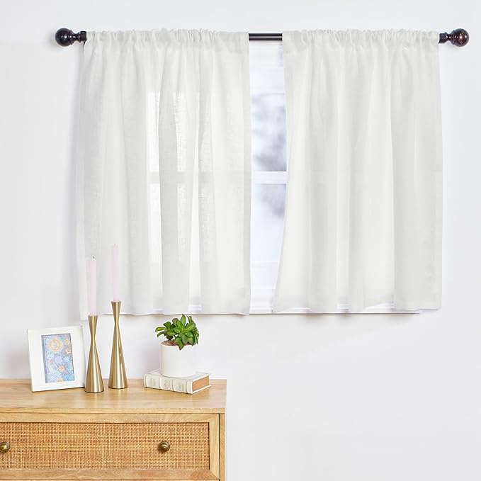 Solino Home 100% Pure Linen Sheer Curtain 24 Inches - European Flax White Curtain 52 x 24 Inch - Light Filtering Rod Pocket Window Treatment Panel for Kitchen, Cafe, Bedroom, Living Room - 1 Panel
