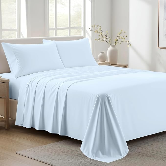 100% Organic Cotton Sheets King Size - Organic Cotton King Size Percale Weave Sheet Set (4 PC, Light Blue), Soft, Cooling, Crisp & Breathable, 16" Deep Pocket Hotel Quality Bedding Set