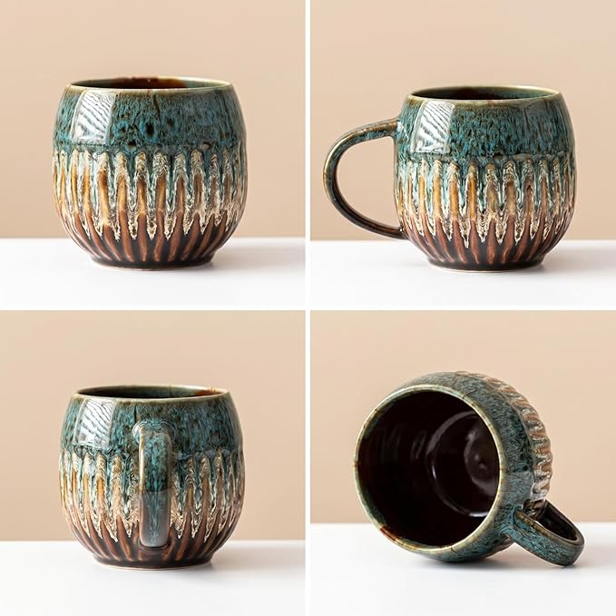 13oz Large Coffee Mug - Unique Handcrafted Look Ceramic Cup, Large Tea Mug, Microwave & Dishwasher Safe (blue,Set of 4)