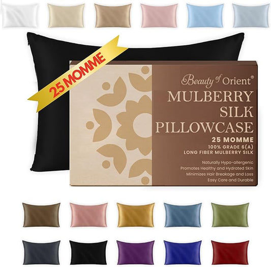 25 Momme Premium Mulberry Black Silk Pillowcase for Hair and Skin | Handcrafted Hypoallergenic & Anti-Acne Silk Pillow Cases with Zipper | Standard - 20" x 26", Midnight