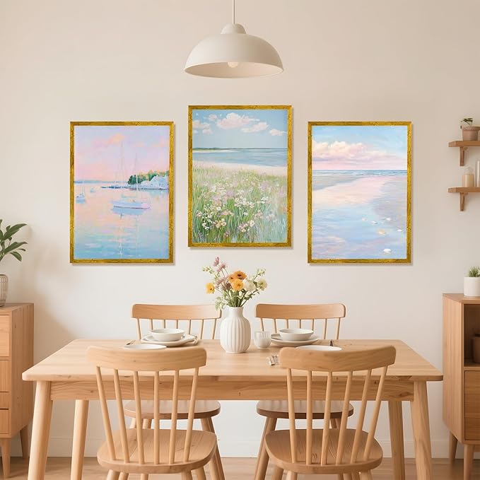 Coastal Pink Wall Art Set of 3 Maximalist Ocean & Beach Landscape Canvas Poster Trendy Sailboats Flowers Sunset Painting Pastel Picture Prints for Bedroom Home Decor 24x36inch Gold Framed