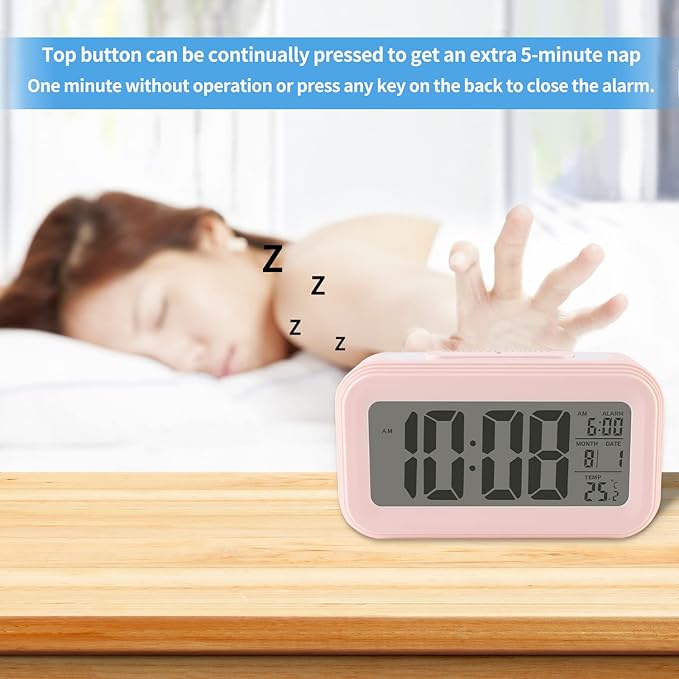 Digital Alarm Clock with Indoor Temperature, Large LED Display, 12/24H, Snooze Mode, Battery Operated Bedside Clock for Bedroom, Heavy Sleepers & Kids