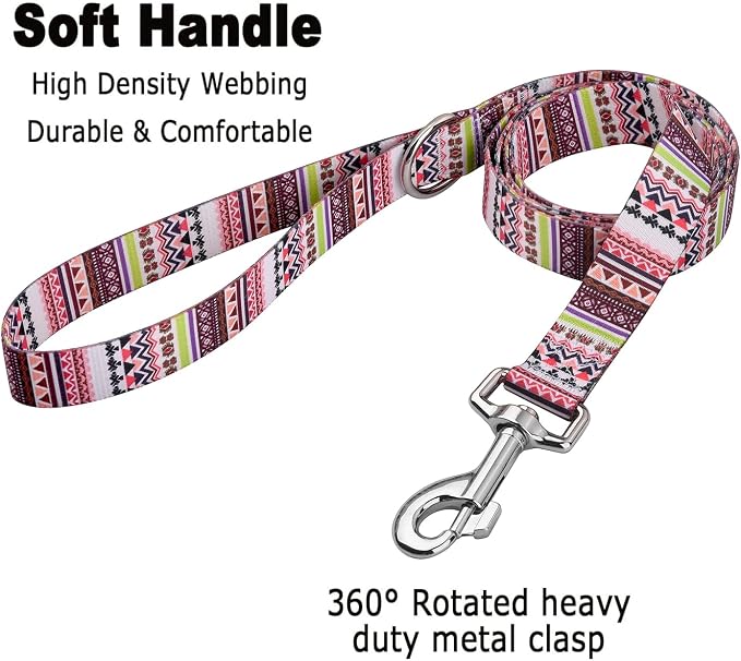 MarukoPet Dog Collar and Leash Set, Adjustable for Small Medium Large Dogs Puppy, Cute Design with Bohemia Floral Tribal Geometric Patterns Boys Girls Dog Collar(Pink Bohemia Set,S)