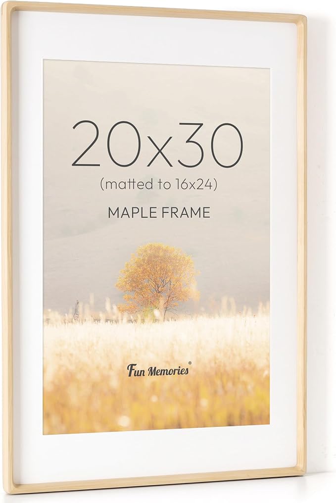 20x30 Poster Frame, USA-Sourced Maple Wood Picture Frame with HD Tempered Glass, Handcrafted Rounded Corner 20 x 30 Wooden Frames Matted to 16x24 Photos, Horizontal or Vertical Wall Display