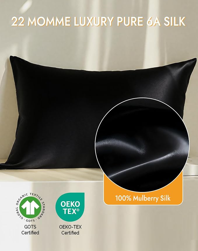 SilkSilky 100% Mulberry Silk Pillowcase - Pure 22 Momme High-Grade 6A Fibers for Hair & Skin, Hidden Zipper, Natural, Organic, Breathable & Cooling Pillow Case (Queen 20''x30'', Black)