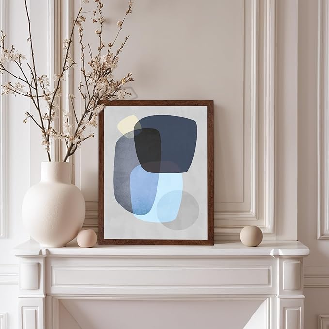 Monem Art Abstract Blue Shapes Print - Scandinavian Minimalist Art Poster - Wall Decor for Living Room, Bedroom or Office - 8x10 Brown Framed Wall Art by Mareike Bohmer