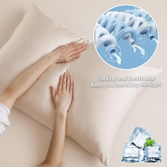 4 Pack Cooling Pillow Cases,Viscose Derived from Bamboo Pillow Protectors King Size Set of 4, 400 Thread Count Soft Silky Breathable Summer Pillow Cover with Zipper Hidden (4PCS, King,Beige)