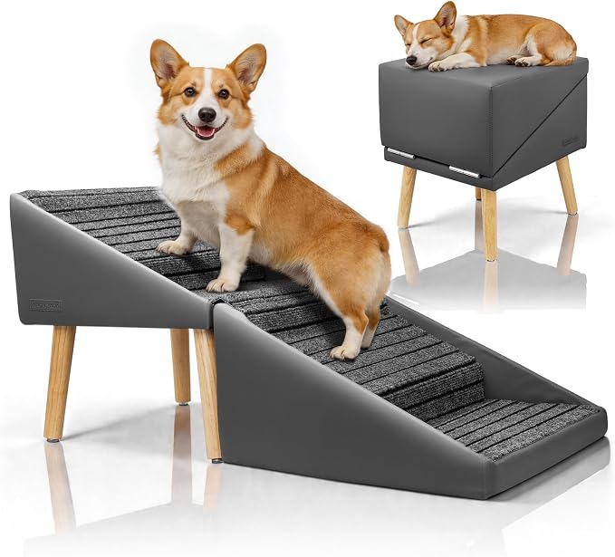 Dog Stairs for Small, Medium, Large Dogs & Cats, 17" H 4‑Step Foldable 2‑in‑1 Wooden Pet Steps with Split Ottoman Design, Non‑Slip Dog Ramp for Couch Bed Sofa for Puppy Senior Injured Pets
