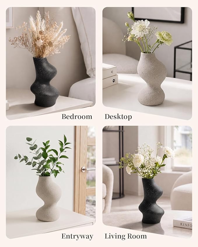 BosilunLife Decorative Vase Set of 3, Nested Curved Recycled Ceramic, Speckled Wabi-Sabi Home Decor, Modern Boho Centerpiece for Living Room Mantel & Office (Black & Grey)