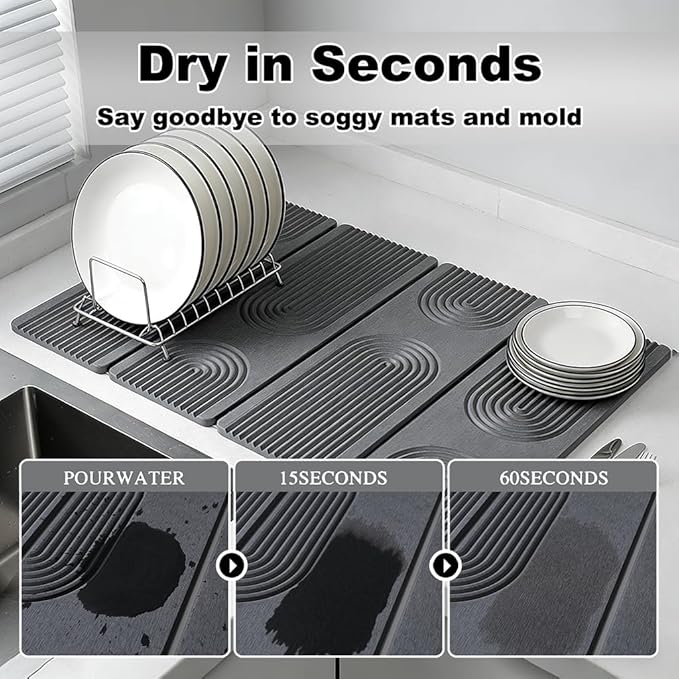 23.6"×15.7" Diatomaceous Earth Stone Dish Drying Mat, Foldable Super Absorbent Quick Dry Non-Slip Eco-Friendly Pad for Kitchen Counter, Dishes, Cups, Bottles & Utensils, Dark Gray