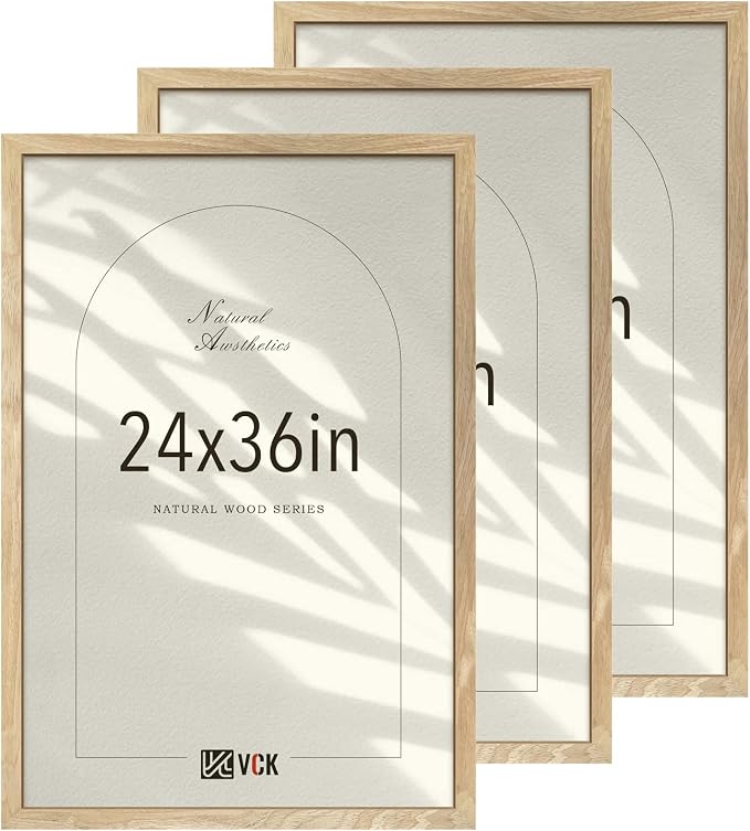 VCK 24x36 Poster Frame Natural Solid Wood 3 Pack, Exclusive Wood Grain Wall Hanging Picture Frame for Home Decoration