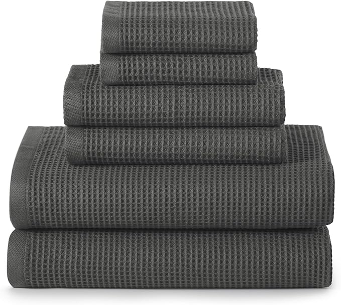 Ecolook 6-Piece Waffle Weave Towel Set, 100% Cotton, Lightweight, Absorbent & Quick-Drying, 2 Bath Towels (31×63 in), 2 Hand Towels, 2 Washcloths, Lint-Free for Bathroom, Pool, Gym, Travel - Dark Gaey