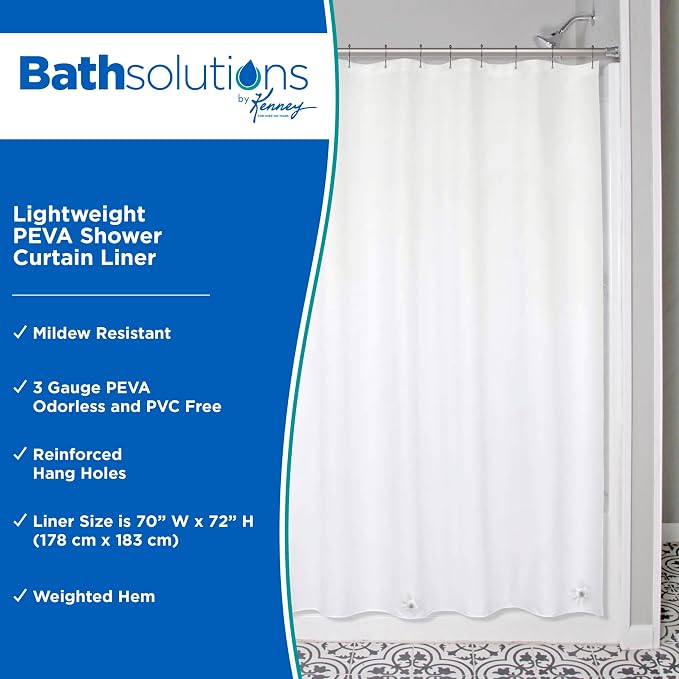Kenney KN61430V1PK2 Lightweight 3 Gauge Waterproof PEVA Shower Curtain Liner with Durable Eyelet Hang Holes and Weighted Magnetic Hem for Bathroom, 70" W x 72" H, White, 2-Pack