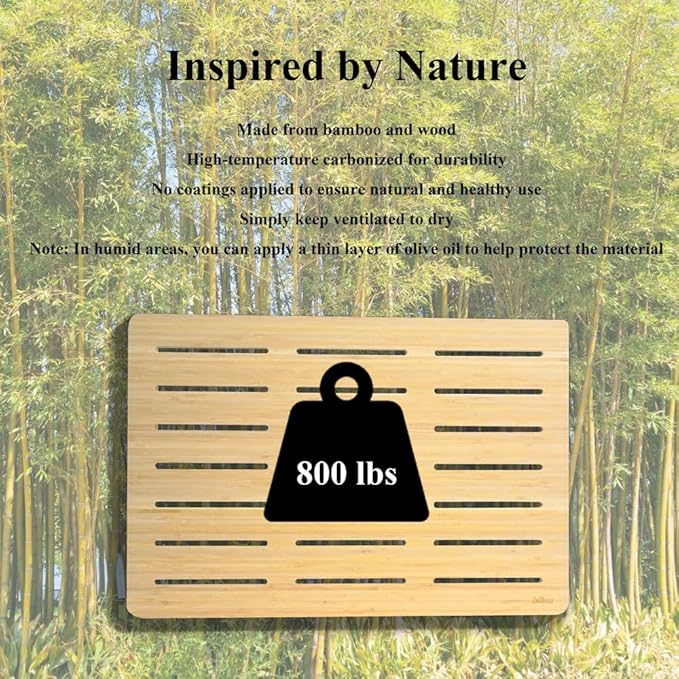 Bamboo Shower Mat 26.5 x 17.5 x 1.7, Solid Slatted Wooden Bath Mat, No Coating, One-Piece Design, Non-Slip Surface for Bathroom, Spa, Indoor Entryway, Available in 3 Sizes