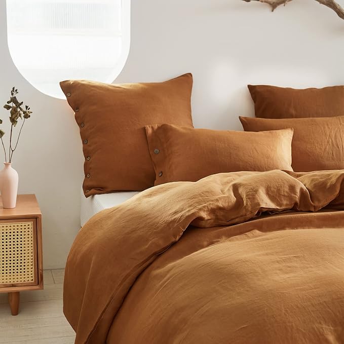 Simple&Opulence 100% Linen Duvet Cover Set 2pcs with Coconut Button Closure Natural French Washed Flax Solid Color Soft Breathable Farmhouse Bedding - Rust, Twin Size