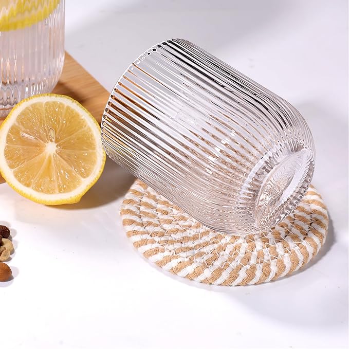 Set of 8 Ribbed Glassware,4 Highball Glasses 14oz & 4 Rocks Drinking Glasses 9oz, Clear, Origami Style, Fluted Design, for Milk, Water, Cocktail, Juice, Beer, ToothBrush Cup, Gift