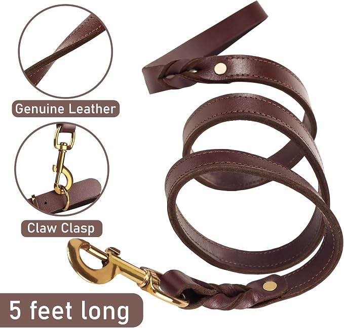 Heavy Duty Genuine Leather Dog Collar and Leash Set - 5ft Soft and Durable With Metal Buckle - Adjustable, Compatible for Large Dogs