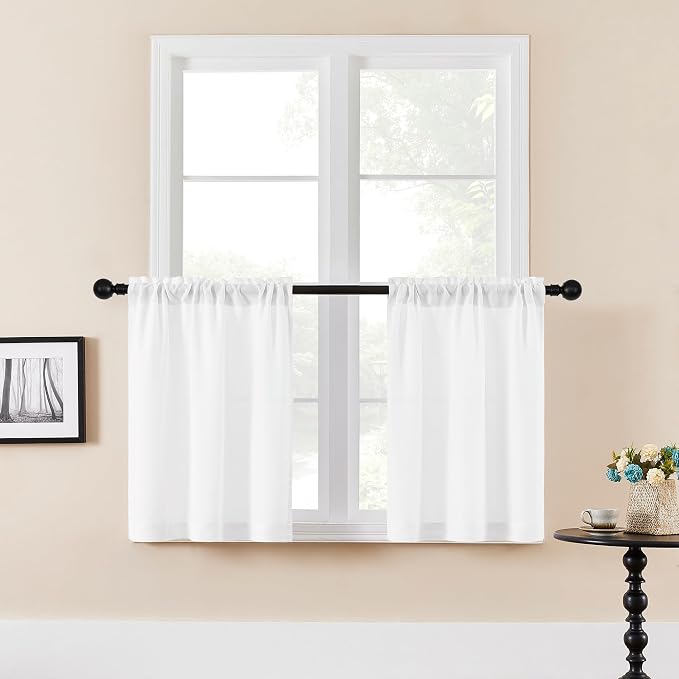 White Linen Kitchen Curtains 30 Inches Long for Half Window Dual Rod Pocket Semi Sheer Drapes Privacy Light Filtering Small Curtains 30 Inch Length for Cafe RV Campers W25xL30 Set of 2