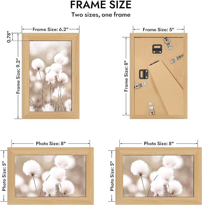 Hongkee 5x8 Oak Wood Picture Frame (1 Pack, Natural) with Real Glass Cover | 5 x 8 Solid Wood Frame for Wall or Tabletop Display - Includes Easel Back, Vertical Hang - Ideal for Home, Office