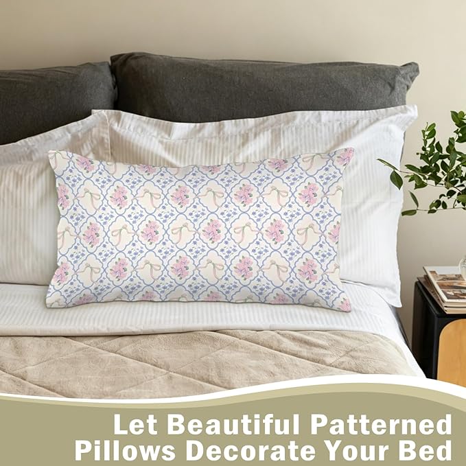 Grandmillennial Pink and Blue Floral 12x20 Pillow Cover,Coquette Bow Grandmillennial Flower Room Decor,Chinoiserie Floral Decorative Lumbar Pillow Covers for Girls Dorm Bedroom Living Room Home
