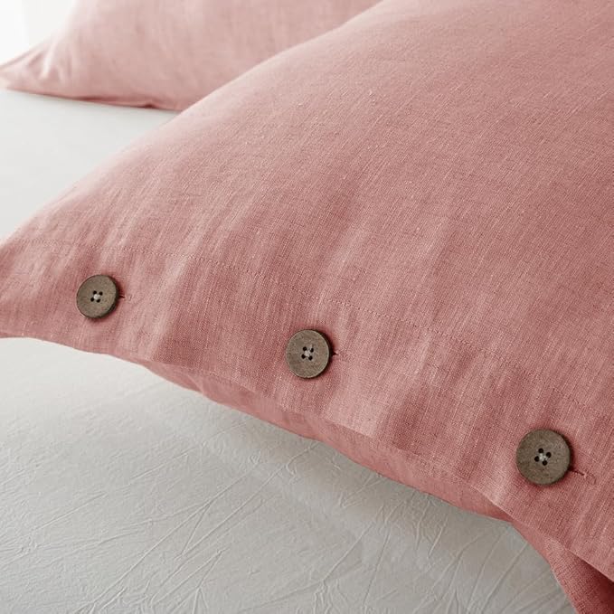 EVERLY 100% Linen Pillowcases Set of 2, French Linen from Normandy, 20X26Inch Standard Size, Natural Color, Coconut Buttons Closure, Flax Pillowshams-Pillowcase-Pink